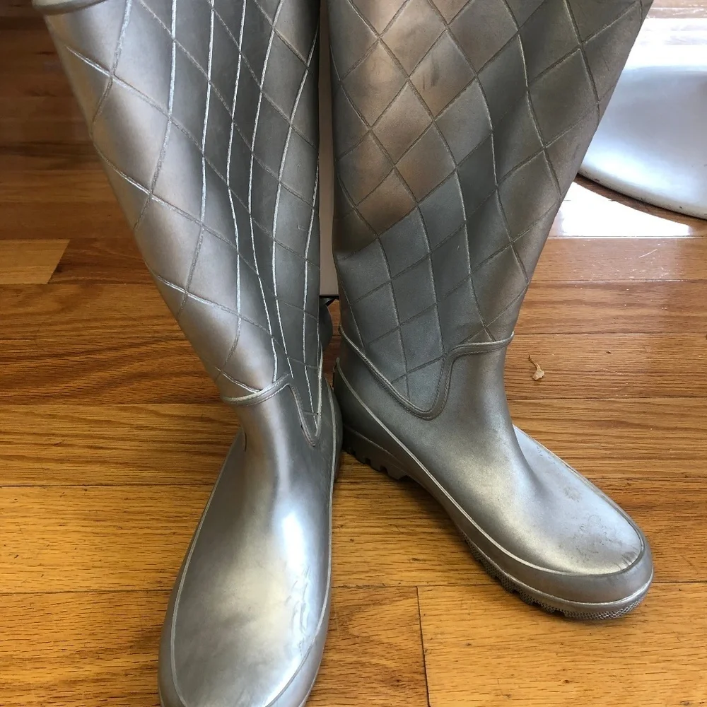 Sperry Pelican Tall Quilted Rain Boots Silver Metallic Size 6 Rainboots Wellies